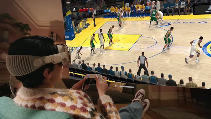 Woman playing NBA game with Apple Vision Pro.